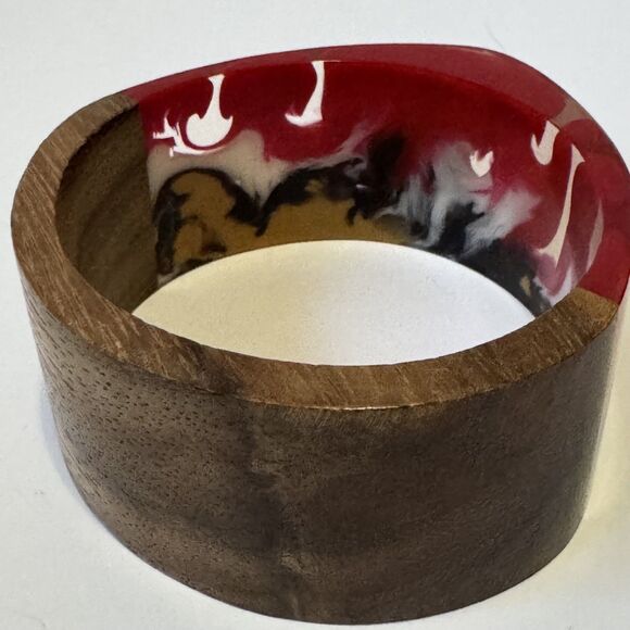 Vintage Resin Wood Chunky Statement Boho Bangle Bracelet Angular Inlay - Picture 7 of 12